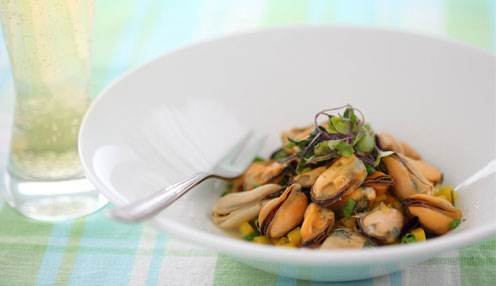 Mussel-Salad-Citrus-Vinaigrette Layered Mussel Salad with Citrus Vinaigrette